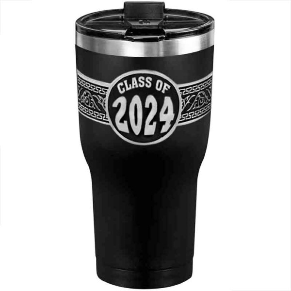 A customized tumbler made of stainless steel with a personalized engraved Class of 2024 lettering, 30 oz, ideal for coffee or cool drinks